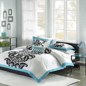 White, Teal & Black Teen Girls Queen Comforter, Shams & Toss Pillow 4 Pc Bedding