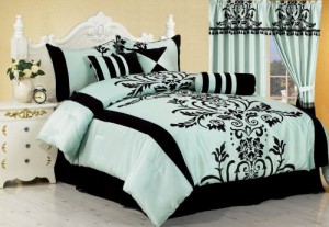 black and aqua damask bedding