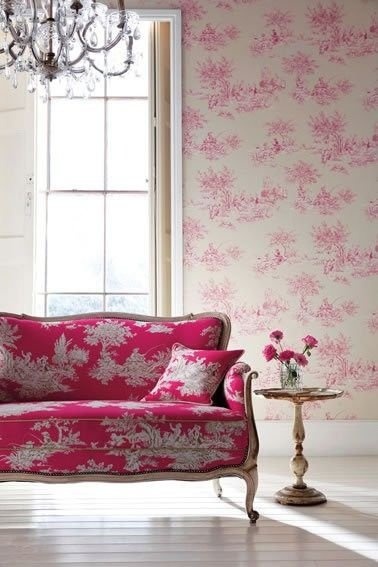 interior design in pink and toile