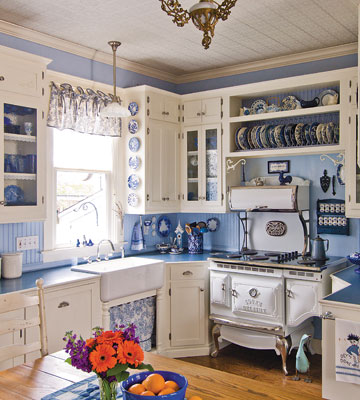 country kitchen in blue and white
