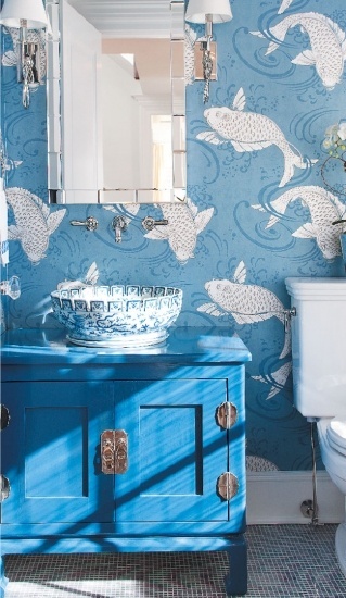 fish wallpaper bathroom in blue