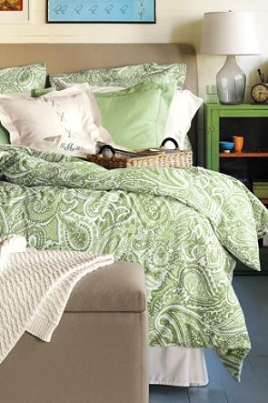 paisley bedroom in green and white