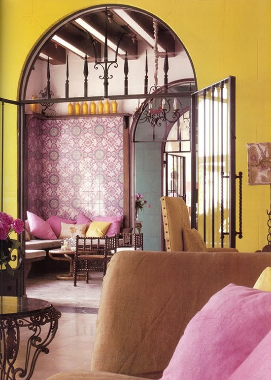 pink and yellow boho interior design