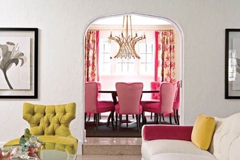 lining and dining interior design in yellow and pink