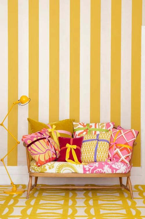 yellow stripes and pink cushions