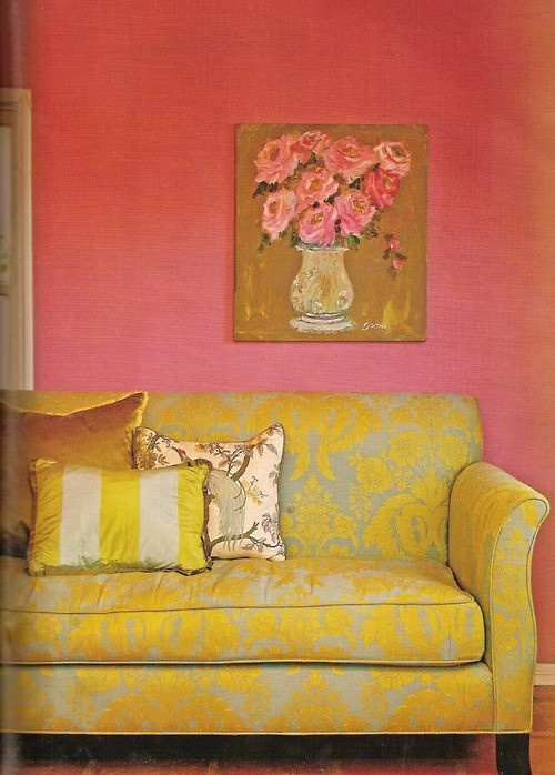 yellow and pink damask couch