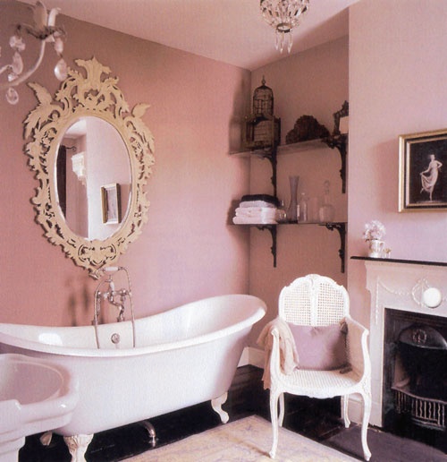 Bathroom in light pink and white.