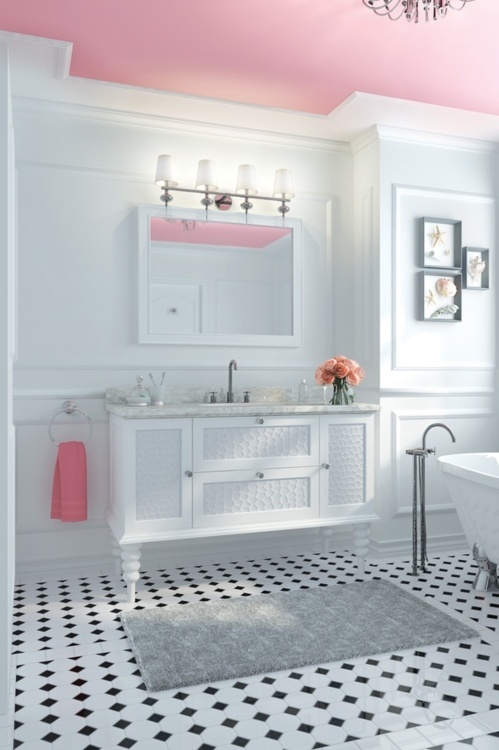 Bathroom in light pink and white.