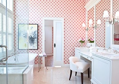 Bathroom in light pink and white.