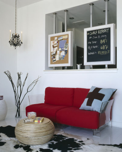 modern living room red and white