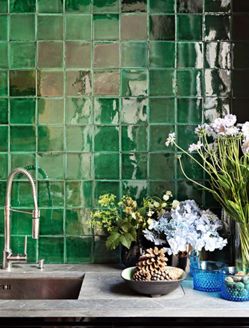 green wall tiles kitchen