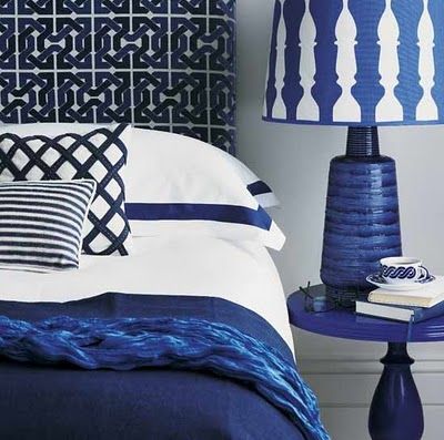 blue and white color scheme, YSL blue, bold graphic interior, blue bedroom
