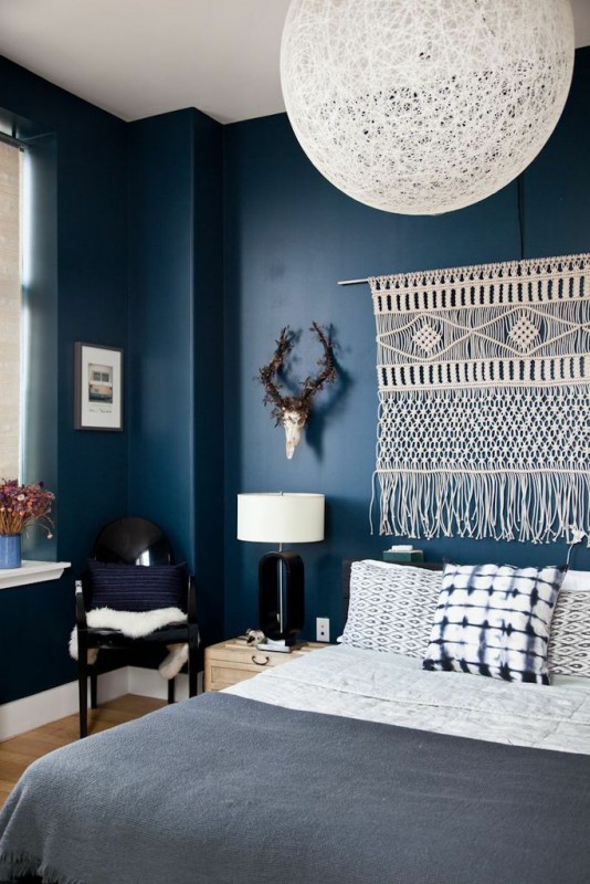 indigo and white bedroom