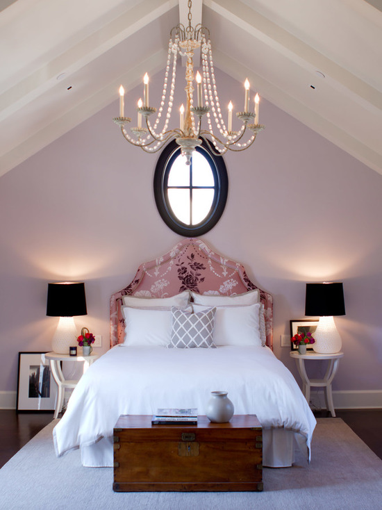 Pale purple bedroom with walls painted in Slip by Benjamin Moore via Jackson Paige Interiors, Inc.