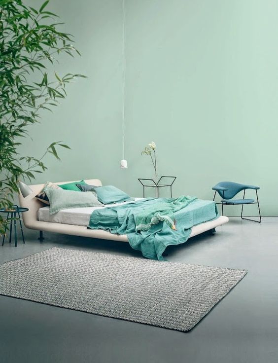 bedroom in mint and grey