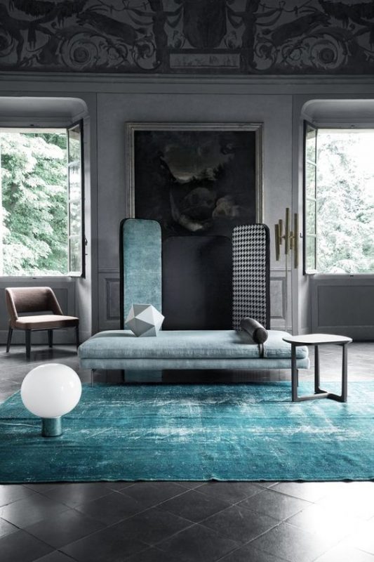 modern interior in turquoise and gray