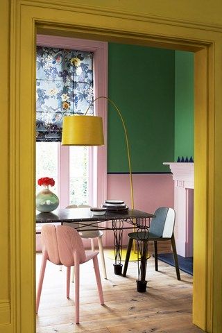 Pop interior in yellow with light pink and green