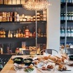 kitchen with deli food on table