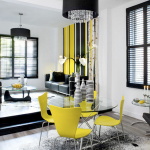 dining and living room in white, black and yellow