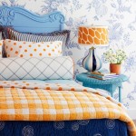 bedroom in blue and orange