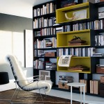 Book shelves with yellow niches