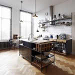 Herringbone floors in industrial kitchen