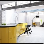 curved bright yellow kitchen cabinets