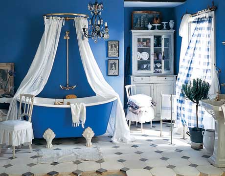 bold blue and white country bathroom design