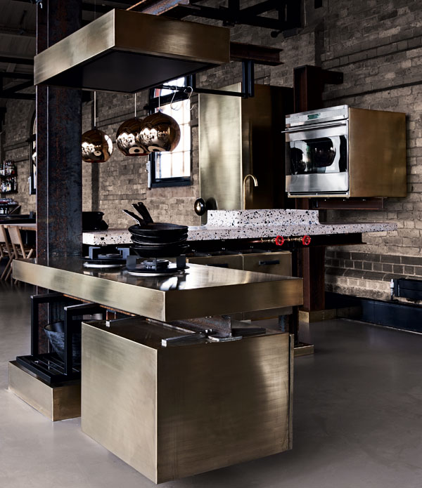 gold industrial kitchen