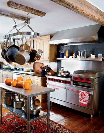 industrial kitchen with pot rack