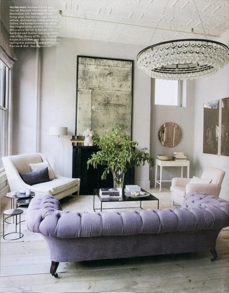 purple tufted sofa interior design