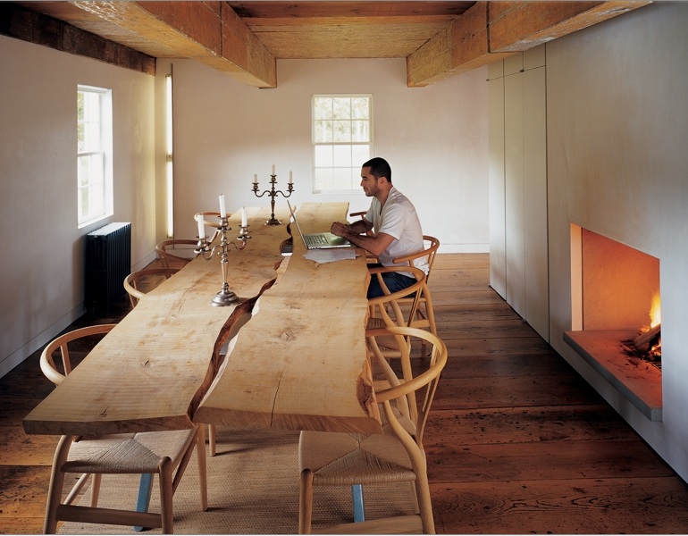 slab table and wishbone chairs