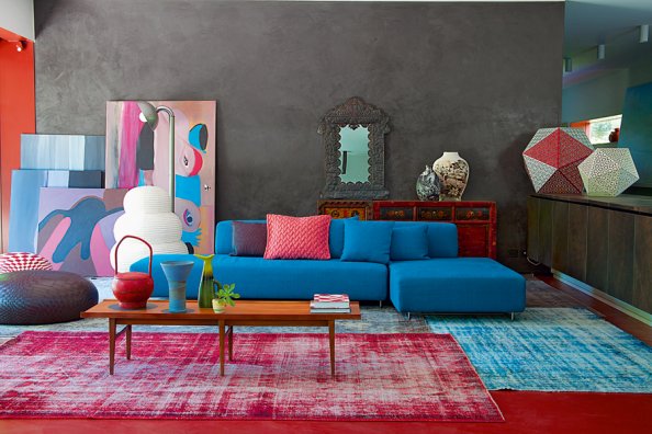 red and blue modern living room