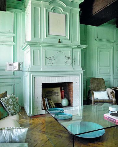 firplace and walls painted mint green