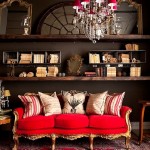 red and brow boho living room